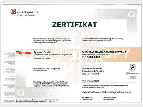 Syscom ISO Zertifizierung